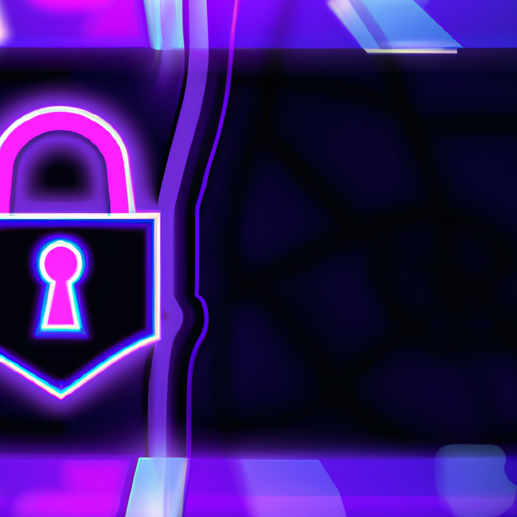 透明なガラスロックとシールド、ネオンの青と紫で描くサイバーセキュリティの象徴的イラスト。