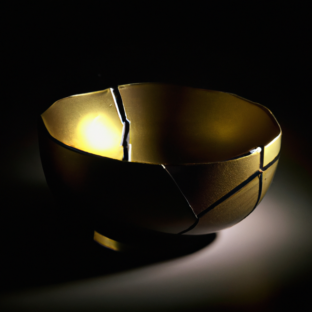 金継ぎの碗のクローズアップ、修復と美の象徴