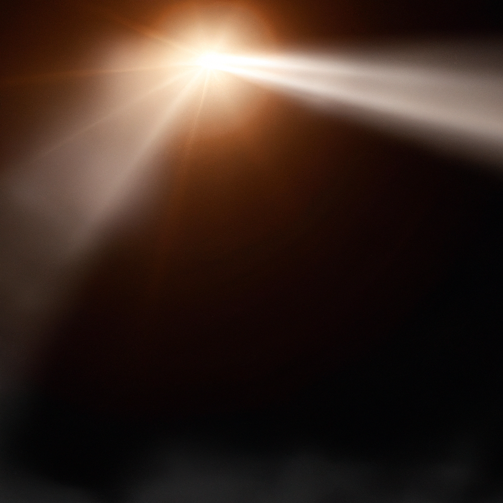 闇を切り裂く低照度の光のビーム、浮遊するダストの粒子