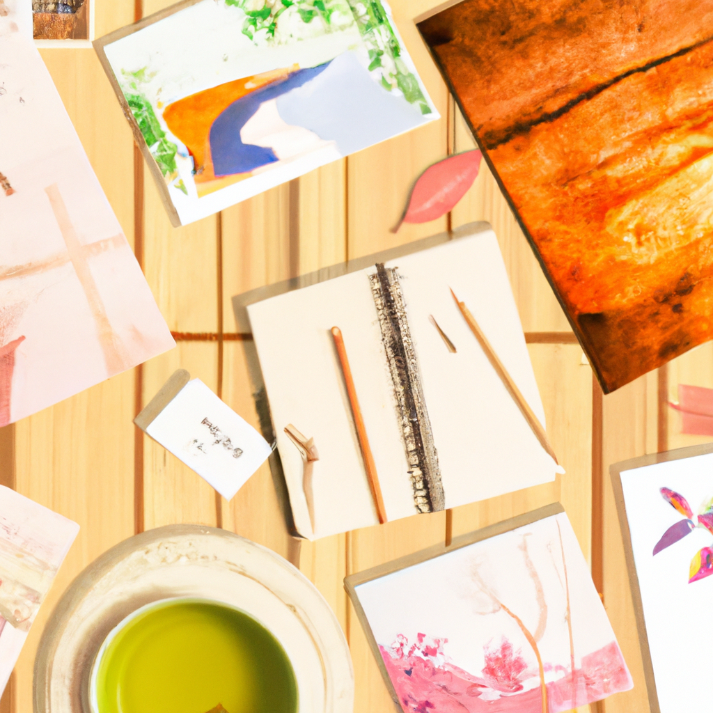 アートディレクター、ムードボードと木製デスクのフラットレイ